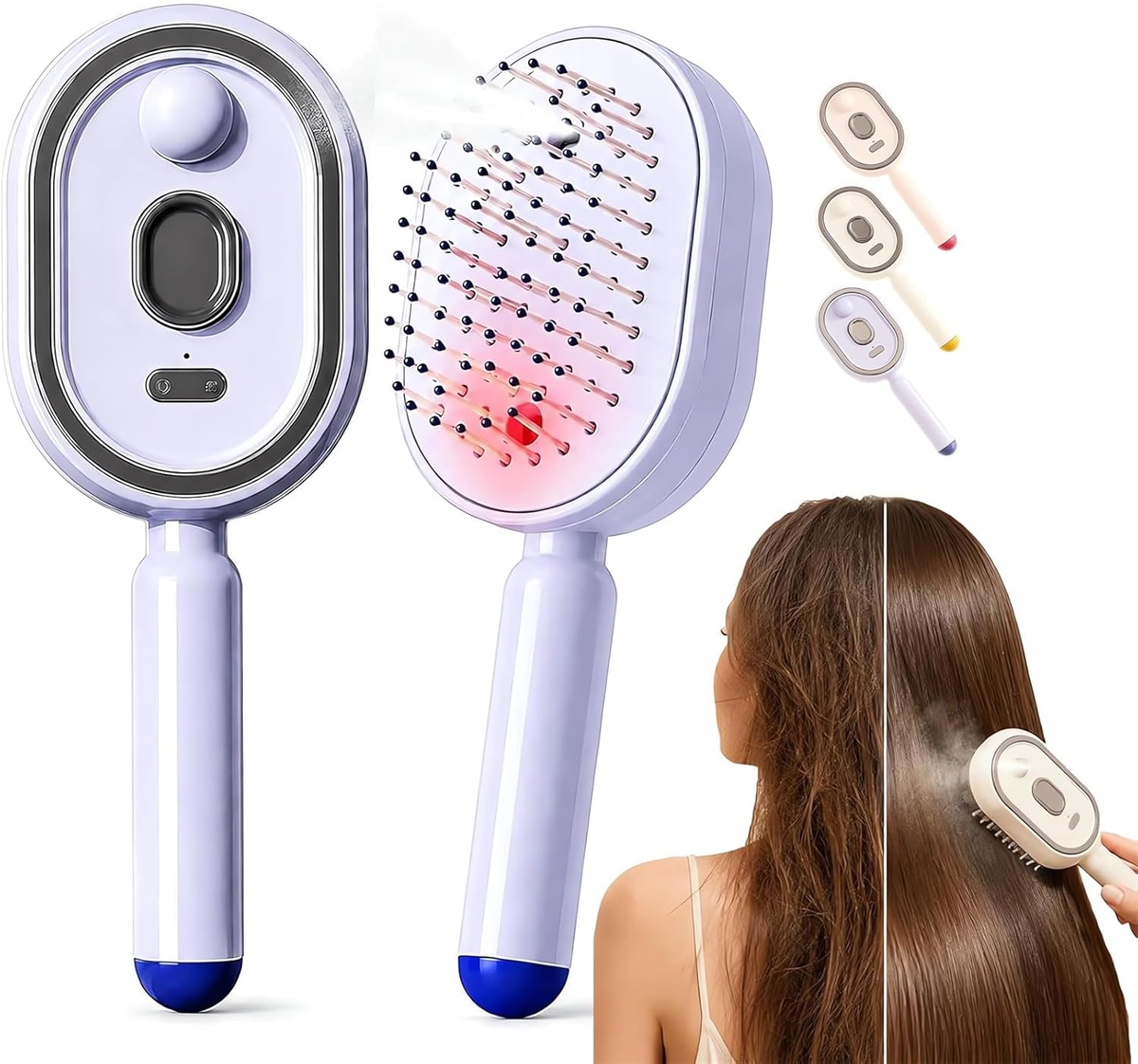 2026 All in One Misting Aqua Detangler Brush Electric Spray Air Cushion Massage Comb Self-Clean Liquid Water Mister Spray Bottle Hair Brush Scalp Oil Applicator Steam Wet Curly Wavy Hairbrush (Purple)