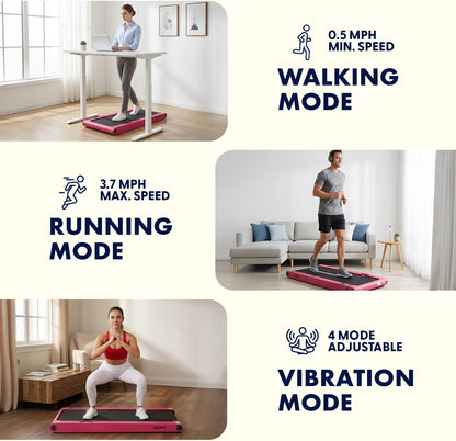 2-In-1 Walking Pad Treadmill with Vibration Plates, Compact under Desk Walking Pad with Remote Control, LED Display, Non-Slip Belt, Quiet 1.0HP Motor for Home or Office Workout (Pinks)