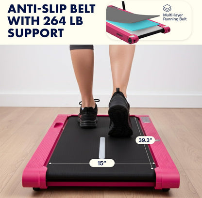 2-In-1 Walking Pad Treadmill with Vibration Plates, Compact under Desk Walking Pad with Remote Control, LED Display, Non-Slip Belt, Quiet 1.0HP Motor for Home or Office Workout (Pinks)